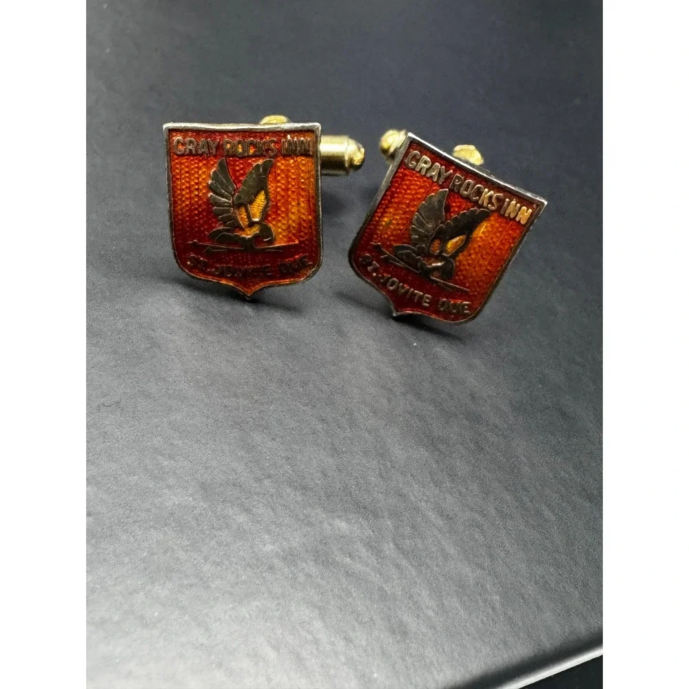 Vintage Gray Rocks Inn St Jovite Quebec Ski Resort Enamel Cufflinks Snow Eagle